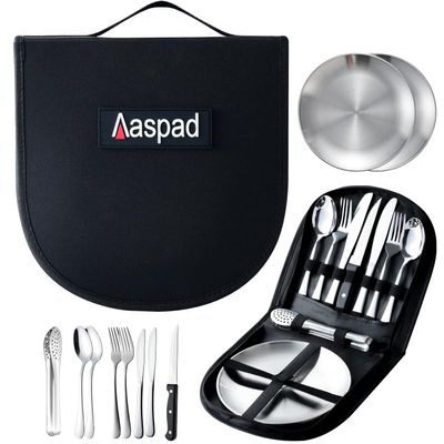 Aaspad Full Size Portable Stainless Steel Dishes & Utensils Sets Outdoor Camping Mess Kits Flatware Picnic Silverware Cutlery Kits Case Packed of 2 Forks,2 Spoons,1 Serrated Knife,1 Food Clip,2 Plates