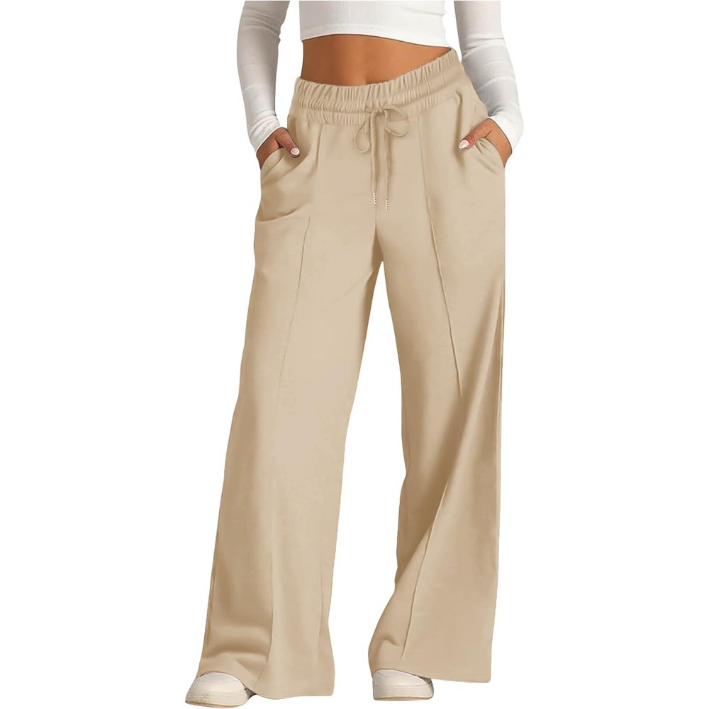 Amazon Warehouse Deals Today,Grey Wide Leg Sweatpants for Women,High Waisted Wide Leg Pants for Women Elastic Baggy Sweatpants Comfy Cotton Lounge Drawstring Flare Sweat Pants,Khaki #2,Medium