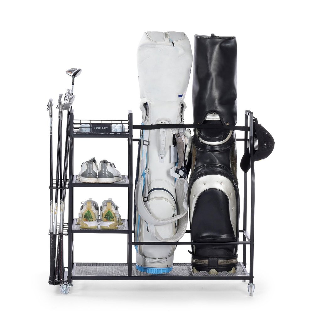 A11N SPORTS Finchley Large Capacity Golf Bag Organizer for Garage Easy Move Golf Bag Stand Holds 2 Bags, 12 Clubs, 3 Pairs of Shoes, Golf Storage Rack with Extra Shelves for Home or Garage