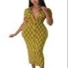 ZERMOM Women's Button Down Shirt Dress Short Sleeve Print Collar V Neck Summer Bodycon Midi Dresses Orange Green view 1