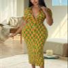 ZERMOM Women's Button Down Shirt Dress Short Sleeve Print Collar V Neck Summer Bodycon Midi Dresses Orange Green view 3