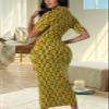 ZERMOM Women's Button Down Shirt Dress Short Sleeve Print Collar V Neck Summer Bodycon Midi Dresses Orange Green view 4