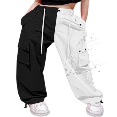 Cromoncent Girls High Waist Parachute Pants Y2K Cargo Trousers with Pockets, Colorblock-White Black, 13-14 Years = Tag 170
