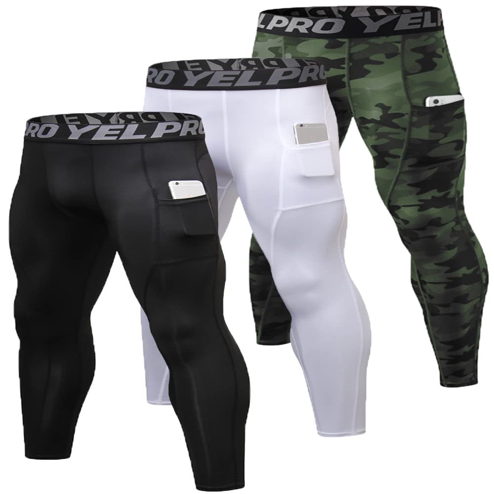Queerier 3 Pack Men's Compression Pants Athletic Leggings with Pockets Running Baselayer Tights Cycling Workout Pants