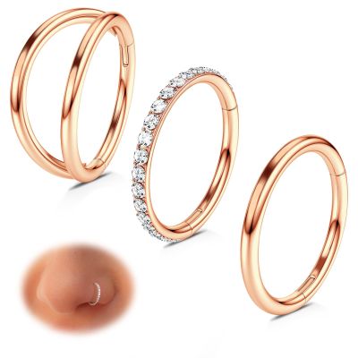 WBRWP 16G Nose Rings: 3pcs 316L Surgical Steel 7mm Double Hinged CZ Septum Conch Clicker Lip Rings Cartilage Helix Rook Tragus Daith Earring Hoops Body Piercing Jewelry