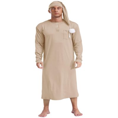 Hedmy Mens Long Sleeve Nightshirt Knee Length Nightgown Sleep Shirt Pajama Set with Sleeping Cap Champagne Large
