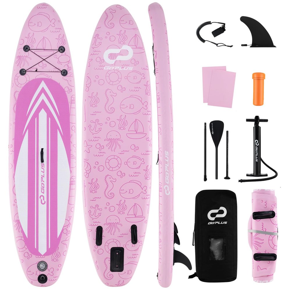 Goplus Inflatable Stand Up Paddle Board, 10FT/10.5FT/11FT SUP with Accessory Pack, Adjustable Paddle, Carry Bag, Fin, Hand Pump, Leash, Repair Kit (Baby Pink, 11 FT)