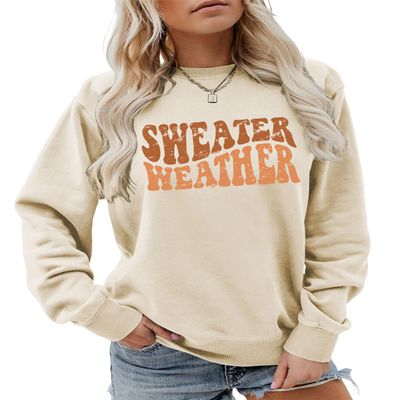 Sacpceml Sweater Weather Sweatshirt, Vintage Graphic Cozy Season Shirt Women Crewneck Funny Fall Winter Weather Pullovers Beige