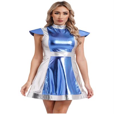 Jhaoyu Women's Space Alien Costume Metallic Mini Dress Alien Outfits Uniform Halloween Cosplay Leotard Light Blue 3X-Large