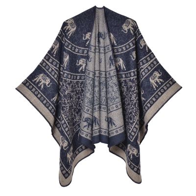 DOFOTAWN Women's Vintage Pattern Open Front Poncho Cape Shawl Winter Shawl Wraps (1-Navy)
