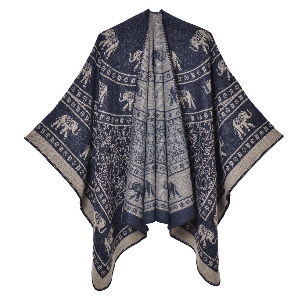 DOFOTAWN Women's Vintage Pattern Open Front Poncho Cape Shawl Winter Shawl Wraps (1-Navy)