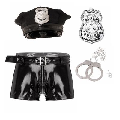 Lejafay Men's Cosplay Sexy Underwear Police Officier Costume Uniform Leather Boxer Shorts Outfits Black 3X-Large
