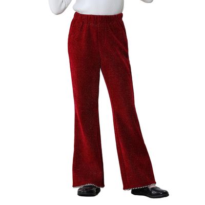 Rolanko Girls Wide Leg Velour Pants Dressy Palazzo Pants for Girls Corduroy Pant Sparkly Trousers with Pearls for Christmas Holiday Party (Burgundy Red, 5-6 Years)