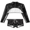 iiniim Men's Wet Look Slim Fit Half Shrug Muscle Top with Shorts Clubwear Rave Party Outfits Black Medium view 3