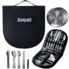 Aaspad Full Size Stainless Steel Dishes & Utensils Sets Outdoor Camping Mess Kits Flatware Picnic Silverware Cutlery Kits Carrier Case Packed of 2 Forks,2 Spoons,1 Serrated Knife,1 Food Clip,2 Plates view 1