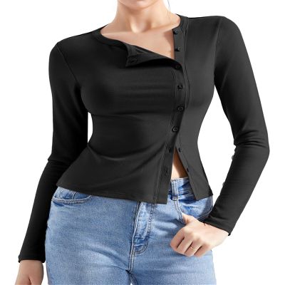SUUKSESS Women Button Down Ribbed Tops Long Sleeve Trendy Going Out Fitted Modal Shirts for Fall (Black, S)