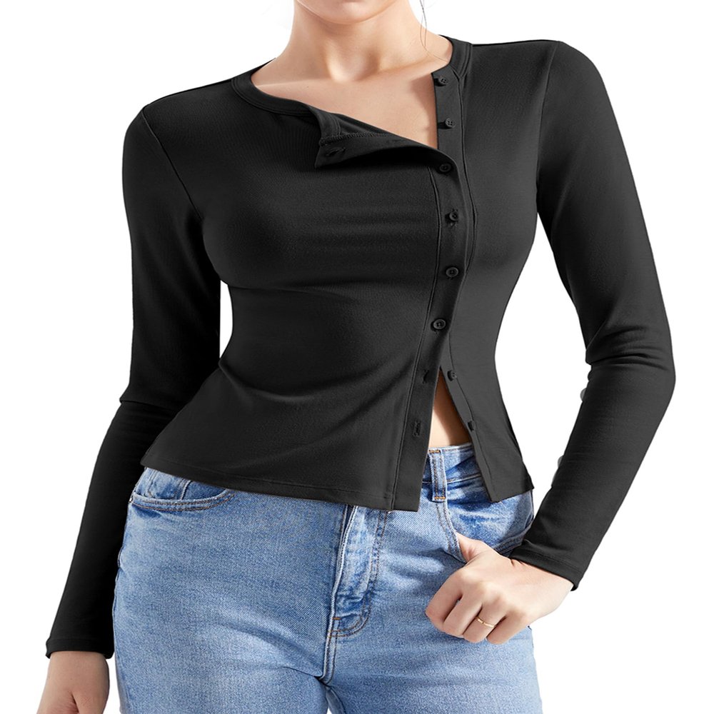 SUUKSESS Women Button Down Ribbed Tops Long Sleeve Trendy Going Out Fitted Modal Shirts for Fall (Black, S)
