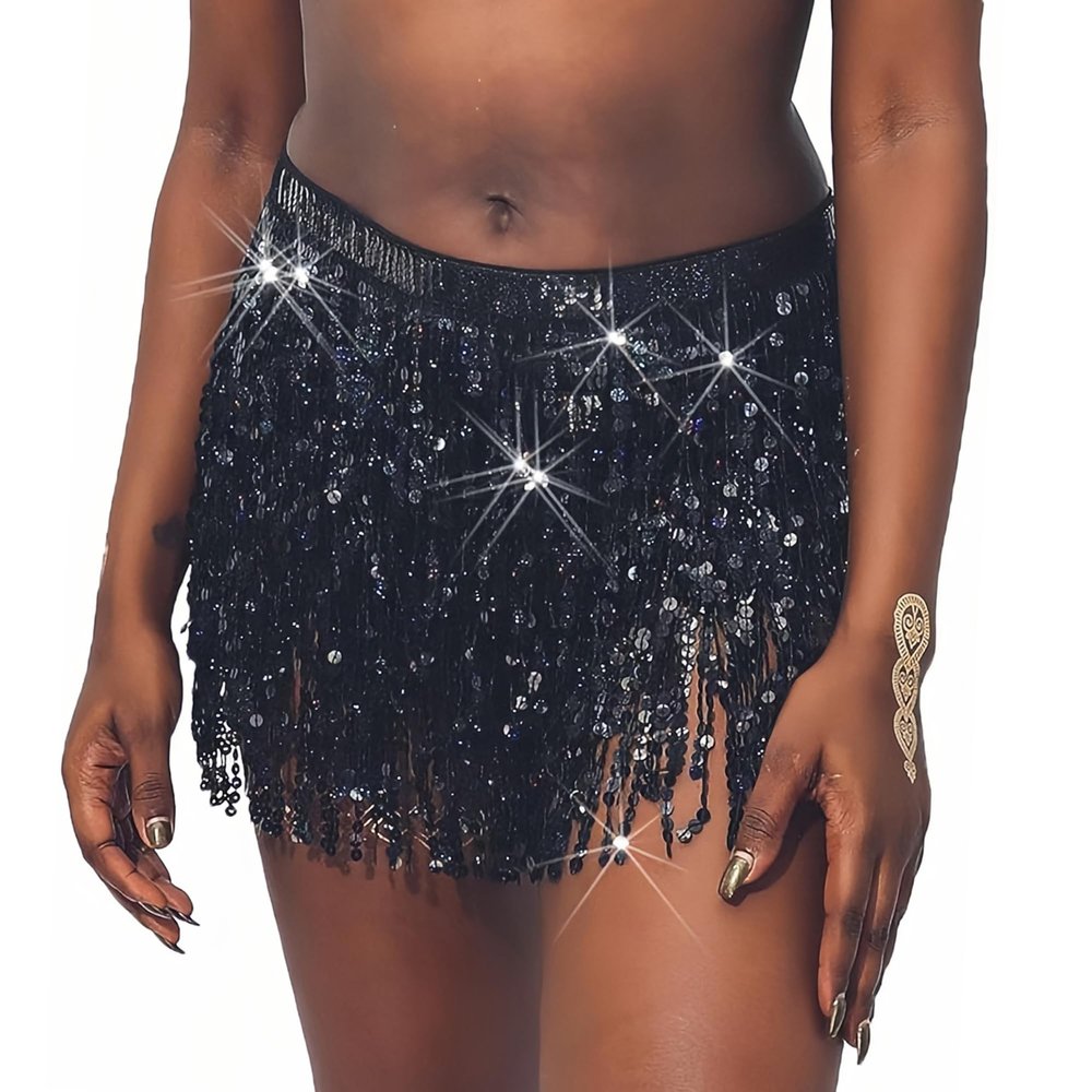 Belly Dance Hip Scarf Sequin Tassel Skirt Dance Wrap Skirts Sparkly Fringe Rave Outfits for Women Black