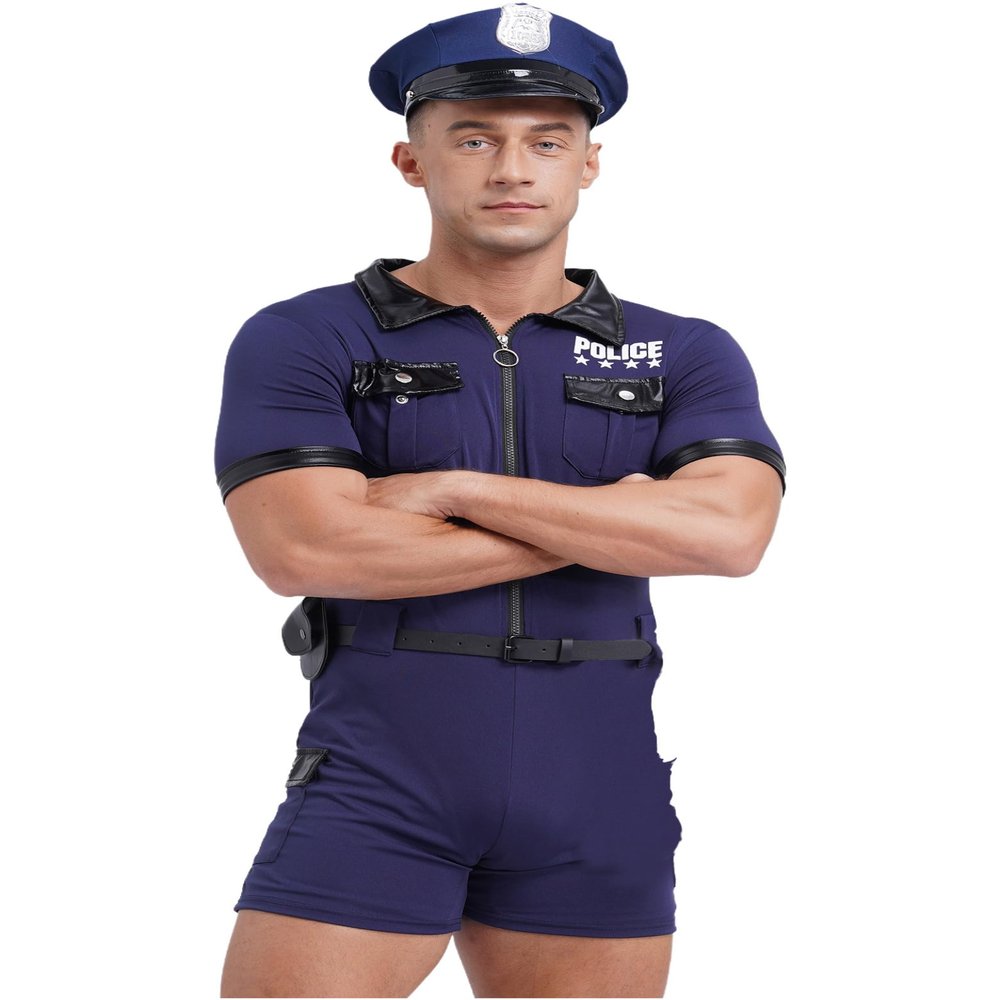 Jugaoge Mens Police Costume Bodysuit Dirty Cop Cosplay Uniform Outfit for Halloween Party Clubwear Navy Blue Large