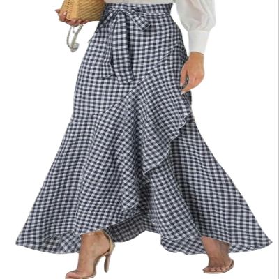 ebossy Womens Plaid Mermaid Skirt Tie Front Asymmetrical Ruffle A-Line Flowy Swing Fishtail Long Skirt (XS, Navy Blue)