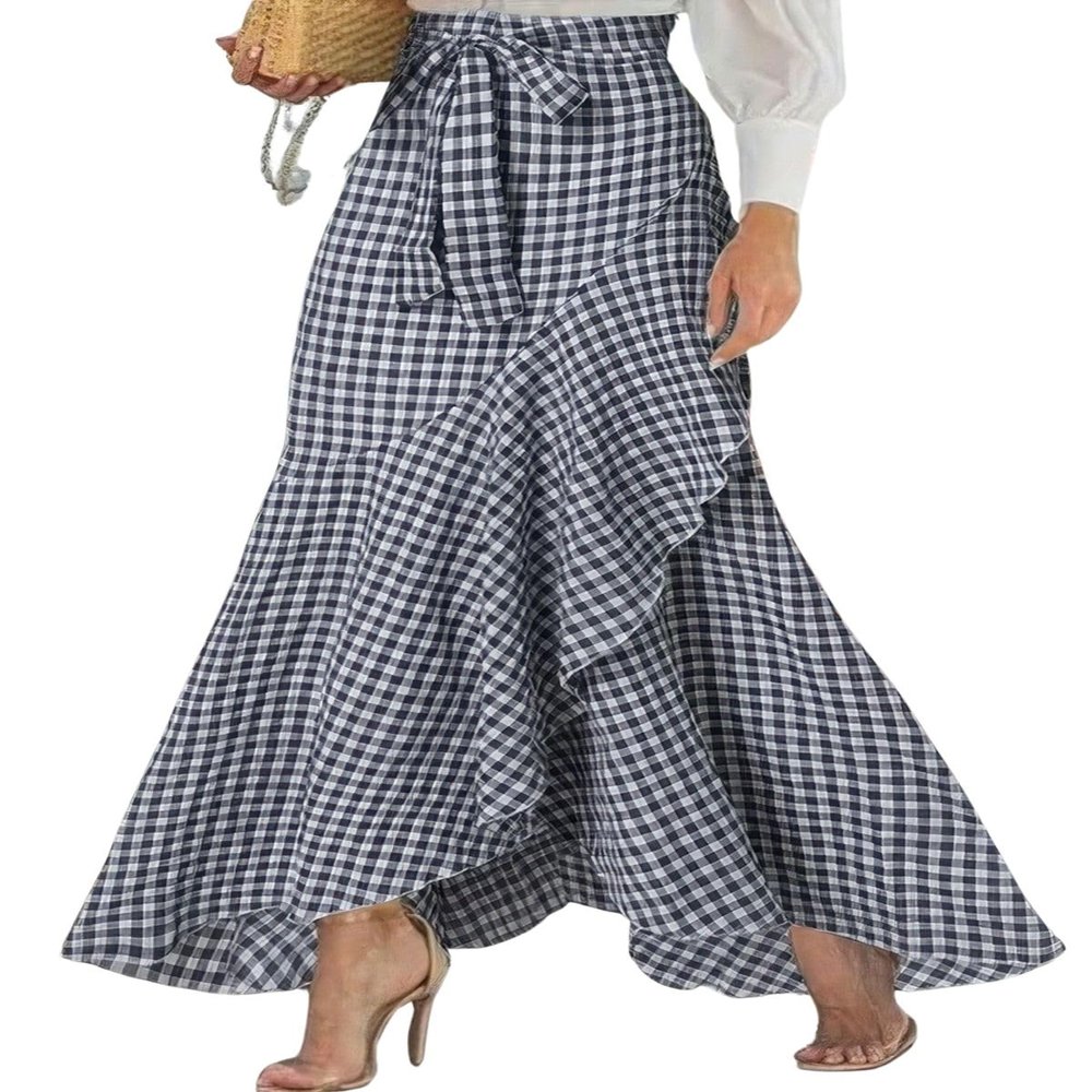 ebossy Womens Plaid Mermaid Skirt Tie Front Asymmetrical Ruffle A-Line Flowy Swing Fishtail Long Skirt (XS, Navy Blue)