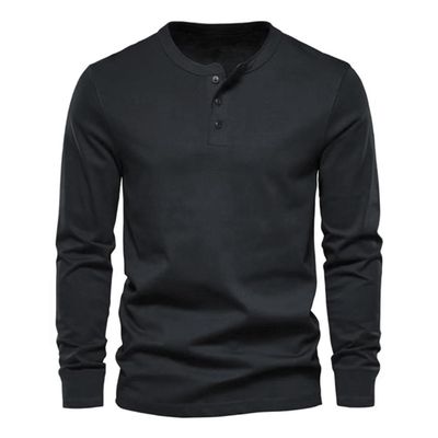 DXSHCV Mens Long Sleeve T Shirt Henley Button Up Crewneck Slim Fit Gym T Shirts Vintage Underhirts Black