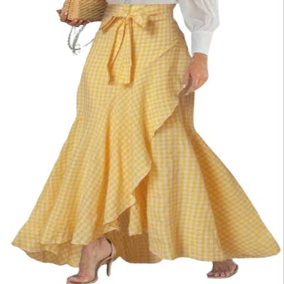 ebossy Womens Plaid Mermaid Skirt Tie Front Asymmetrical Ruffle A-Line Flowy Swing Fishtail Long Skirt (M, Yellow)