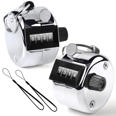2PCS Premium One Hand Counter Clicker, Silver Metal Clicker Counter, Manual Mechanical People Counter Clicker with Nylon Lanyard, 4-Digit Number Count Tally Counter Clicker for Golf, Lap & Row Etc.