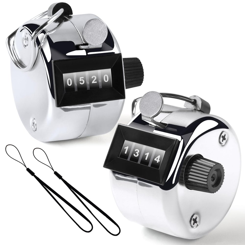 2PCS Premium One Hand Counter Clicker, Silver Metal Clicker Counter, Manual Mechanical People Counter Clicker with Nylon Lanyard, 4-Digit Number Count Tally Counter Clicker for Golf, Lap & Row Etc.