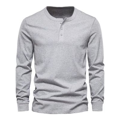 DXSHCV Mens Long Sleeve T Shirt Henley Button Up Crewneck Slim Fit Gym T Shirts Vintage Underhirts Grey