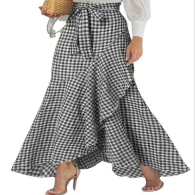 ebossy Womens Plaid Mermaid Skirt Tie Front Asymmetrical Ruffle A-Line Flowy Swing Fishtail Long Skirt (M, Black)