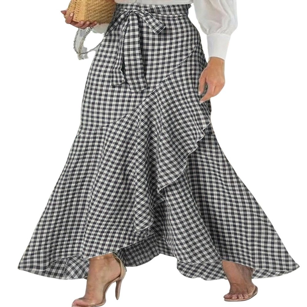 ebossy Womens Plaid Mermaid Skirt Tie Front Asymmetrical Ruffle A-Line Flowy Swing Fishtail Long Skirt (M, Black)