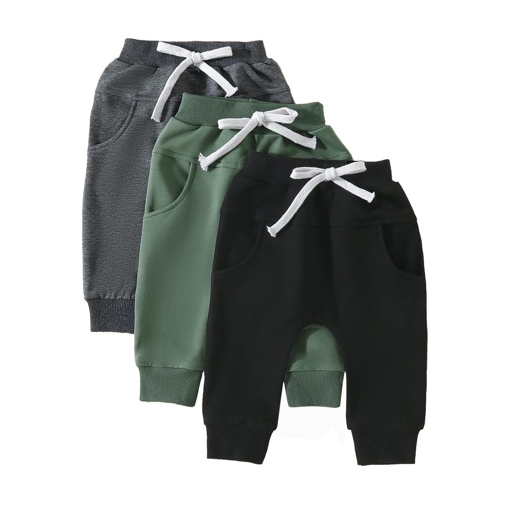 Covvoliy Toddler Baby Boys Girls Sweatpants 3 Pack Solid Color Elastic Waist Trousers Bottoms Casual Pants Multipacks Long Pants (Black Green Dark Gray, 18-24 Months)