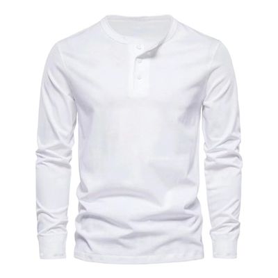 DXSHCV Mens Long Sleeve T Shirt Henley Button Up Crewneck Slim Fit Gym T Shirts Vintage Underhirts White