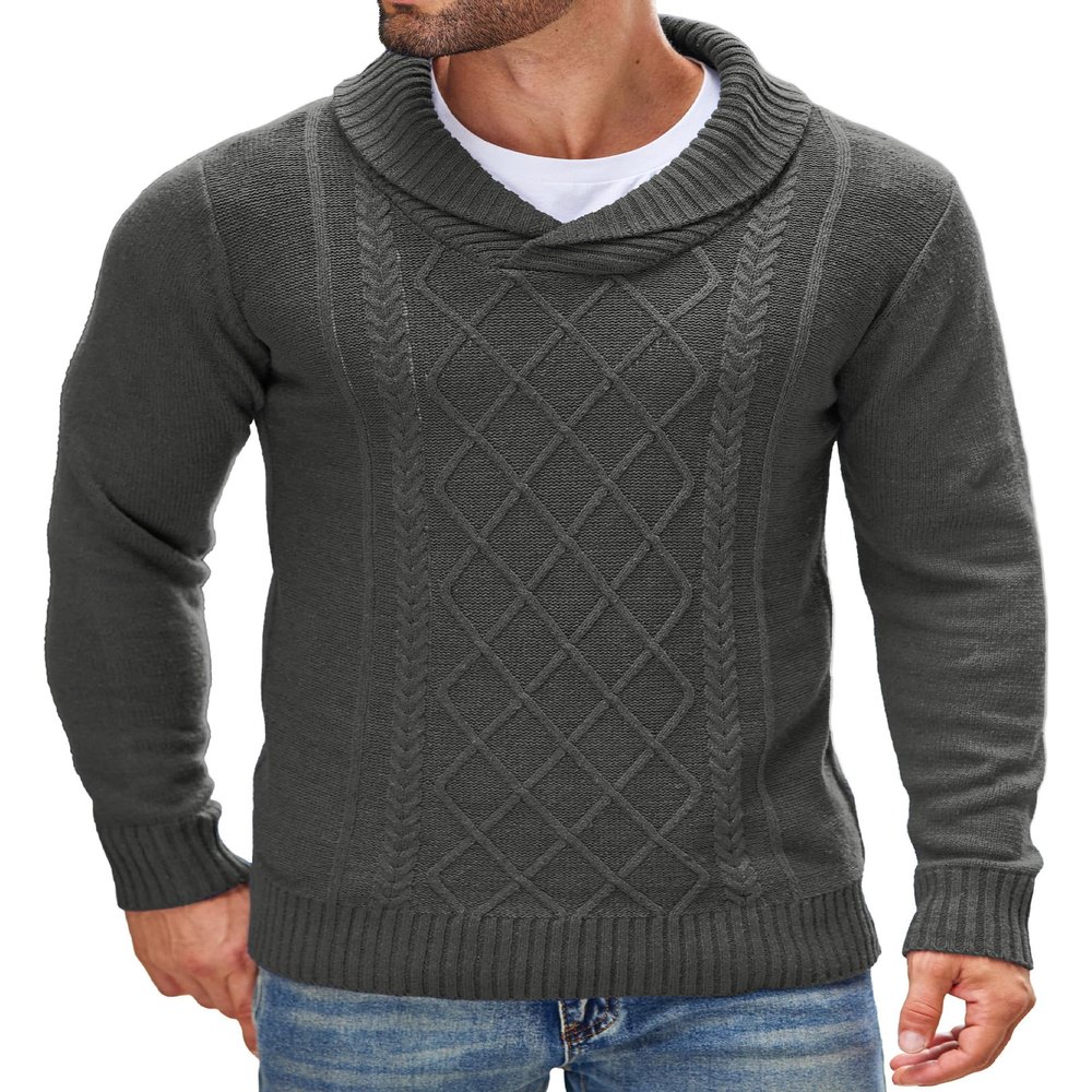 COOFANDY Men's Shawl Collar Sweaters V-Neck Relaxed Fit Cable Pullovers Grey