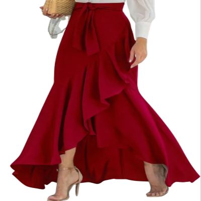 ebossy Womens Plaid Mermaid Skirt Tie Front Asymmetrical Ruffle A-Line Flowy Swing Fishtail Long Skirt (XXL, Wine Red)