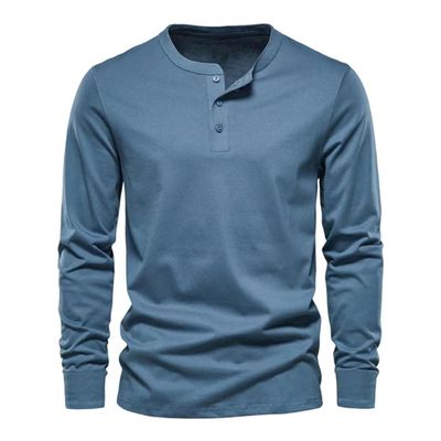 DXSHCV Mens Long Sleeve T Shirt Henley Button Up Crewneck Slim Fit Gym T Shirts Vintage Underhirts Blue