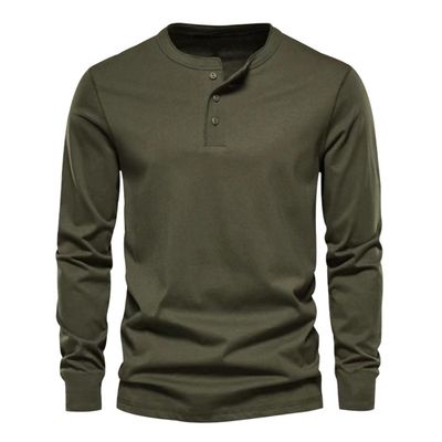 DXSHCV Mens Long Sleeve T Shirt Henley Button Up Crewneck Slim Fit Gym T Shirts Vintage Underhirts Green