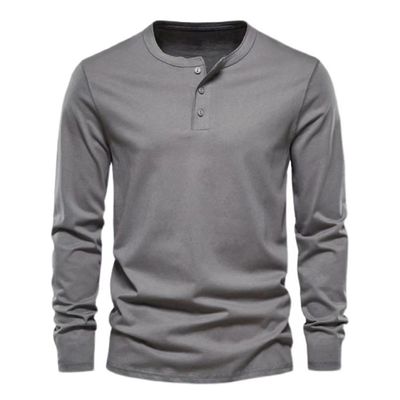 DXSHCV Mens Long Sleeve T Shirt Henley Button Up Crewneck Slim Fit Gym T Shirts Vintage Underhirts Dark Grey