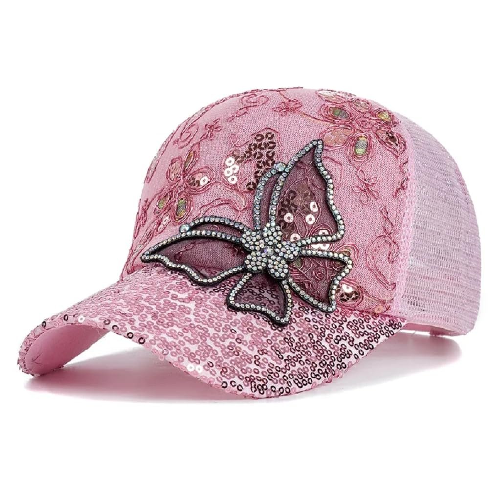 ANKOMINA Women's Sparkly Sequin Butterfly Baseball Cap Trucker Mesh Ponytail Cap Shiny Casual Sports Sun Hat Pink