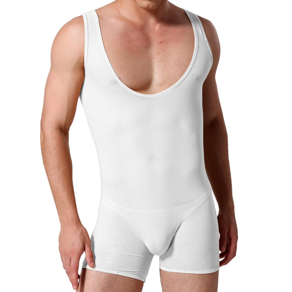 Men's See Through Mesh Bodysuits Jumpsuit Undershirt Jockstrap Wrestling Singlet Bodysuit Underwear White