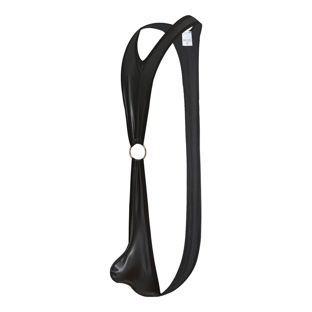 Faux Leather Bodysuit Men's Wrestling Singlet Open Crotch Backless Thongs Sexy Wetlook Catsuit Ring Linked Black