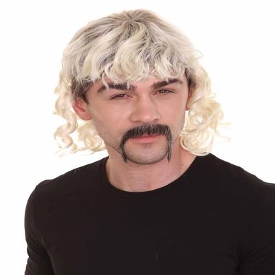BC GOODS BY Men's 80's Mullet Wig with Handlebar Mustache Set, Long Curly Zookeeper Style with Flame-Retardant Synthetic Fiber - Blonde