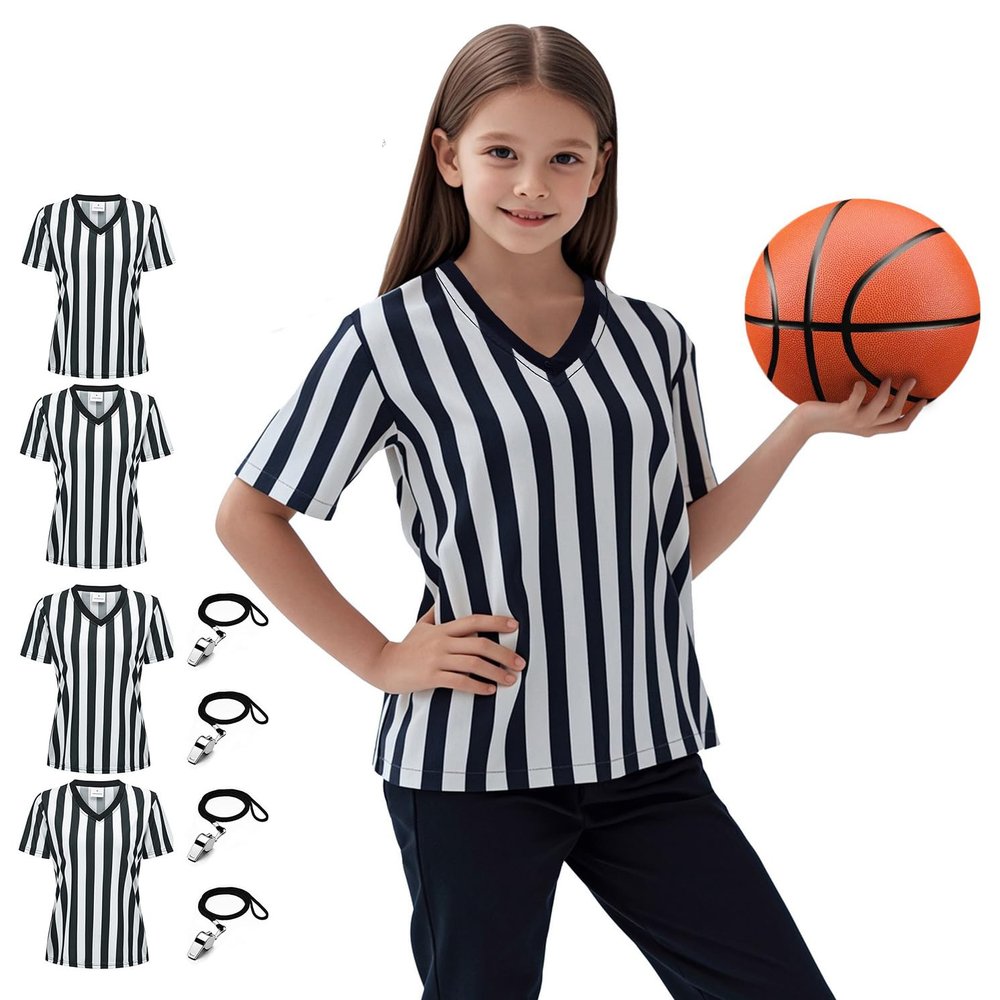 Ref Shirts for Kids Black & White Stripe Referee Jersey Children V-Neck Pro Official Umpire Uniform Basketball, Football, Soccer, Volleyball, Halloween Cosplay Costume 4pcs Set with Whistles Size XS