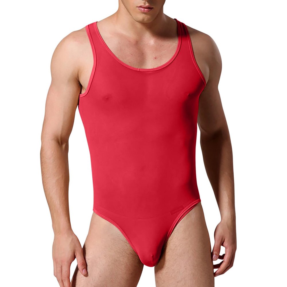 Men's Bodysuits Leotrad Wrestling Singlet Shapewear Jockstrap See Through Mesh Fitness Jumpsuits Thongs Red