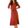 ABEHIK 2024 Fall Sweater Dresses for Women Winter Long Sleeve Ribbed Knit Ruffle Midi Dress with Belt Wedding Guest Cocktail Party A-Line Swing Casual Dresses Slim Fit Elegant Maxi Dresses Red L view 1