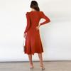 ABEHIK 2024 Fall Sweater Dresses for Women Winter Long Sleeve Ribbed Knit Ruffle Midi Dress with Belt Wedding Guest Cocktail Party A-Line Swing Casual Dresses Slim Fit Elegant Maxi Dresses Red L view 3