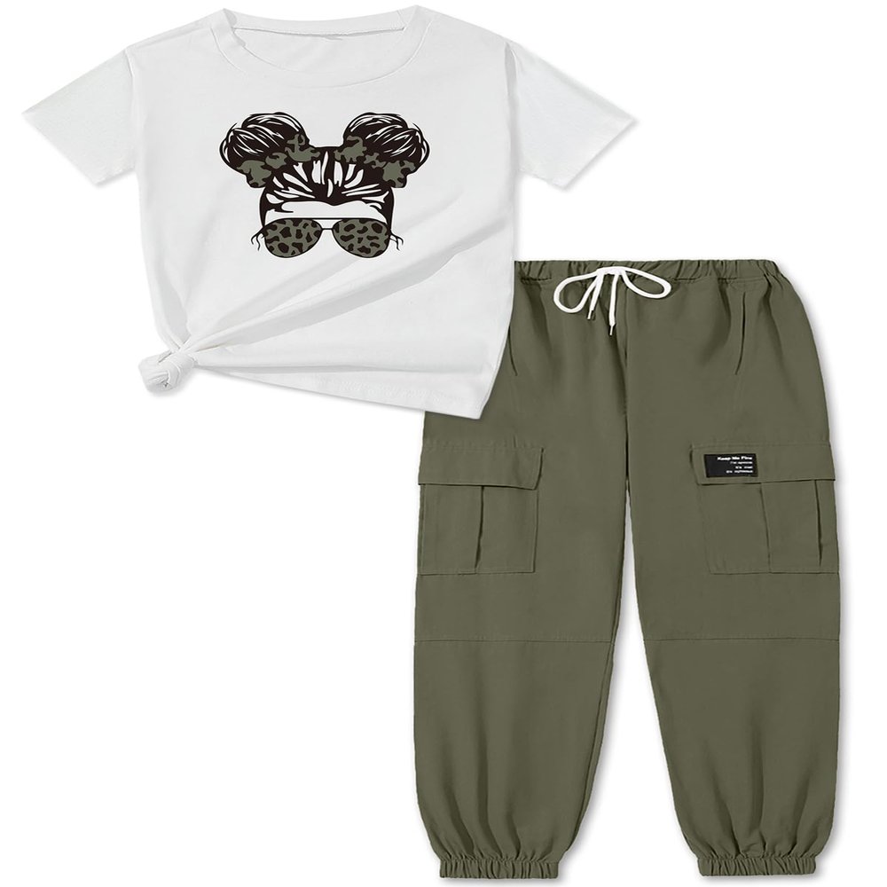 ARTMINE Girls 2-Piece Clothing Sets Sleeve Printed T-shirt+Casual Drawstring Elastic Waist Cargo Pants, US 9-10 Years = Tag 150