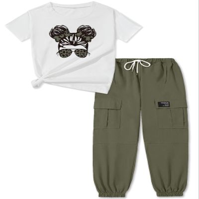 ARTMINE Girls 2-Piece Clothing Sets Sleeve Printed T-shirt+Casual Drawstring Elastic Waist Cargo Pants, US 6-7 Years = Tag 130