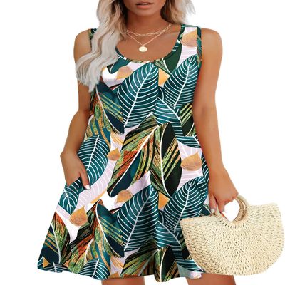 WEESO Summer Dresses for Women 2026 Loose U Neck Swing Tank Casual Dress Sundresses with Pockets Floral Frond S